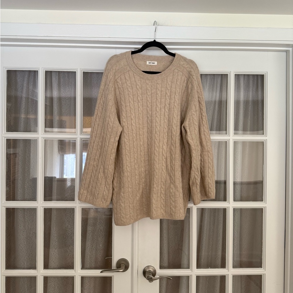 Soft Goat Tan 100% Cashmere Cable Knit Crewneck Sweater